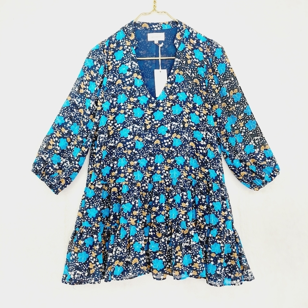 Melloday Blue Floral Tiered Tunic V-Neck Puff Sleeve Top Mini Dress P4665 - Picture 2 of 8